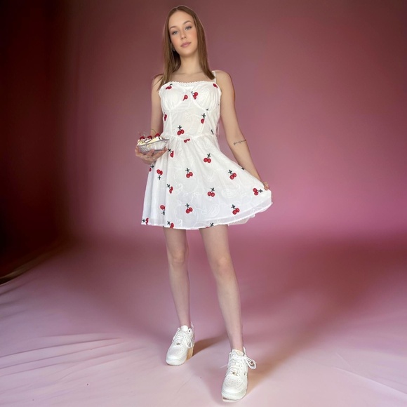 NEW Cherry print dress sundress summer dress cute dresses white dresses cherry d - Picture 1 of 3
